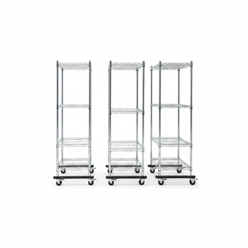 SuperSellerS TUBO wire shelving extension system with three chrome metal units on wheels for retail storage