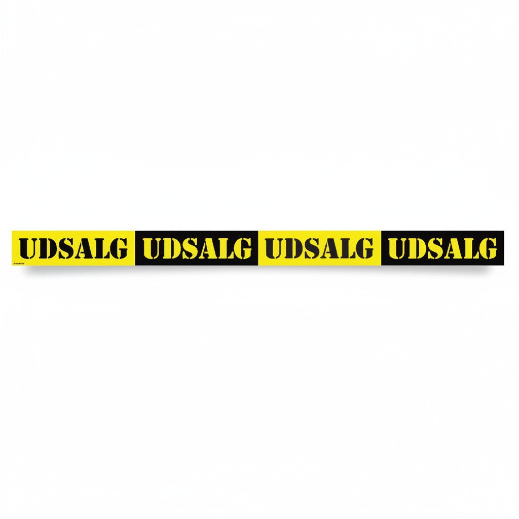 SuperSellerS 120 cm self-adhesive window streamer with UDSALG text in black and yellow for retail sales promotions.