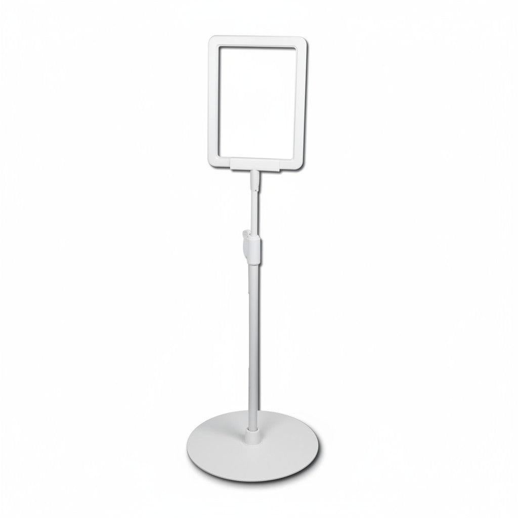 SuperSellerS white A6 sign holder with adjustable height stand and round base for retail displays