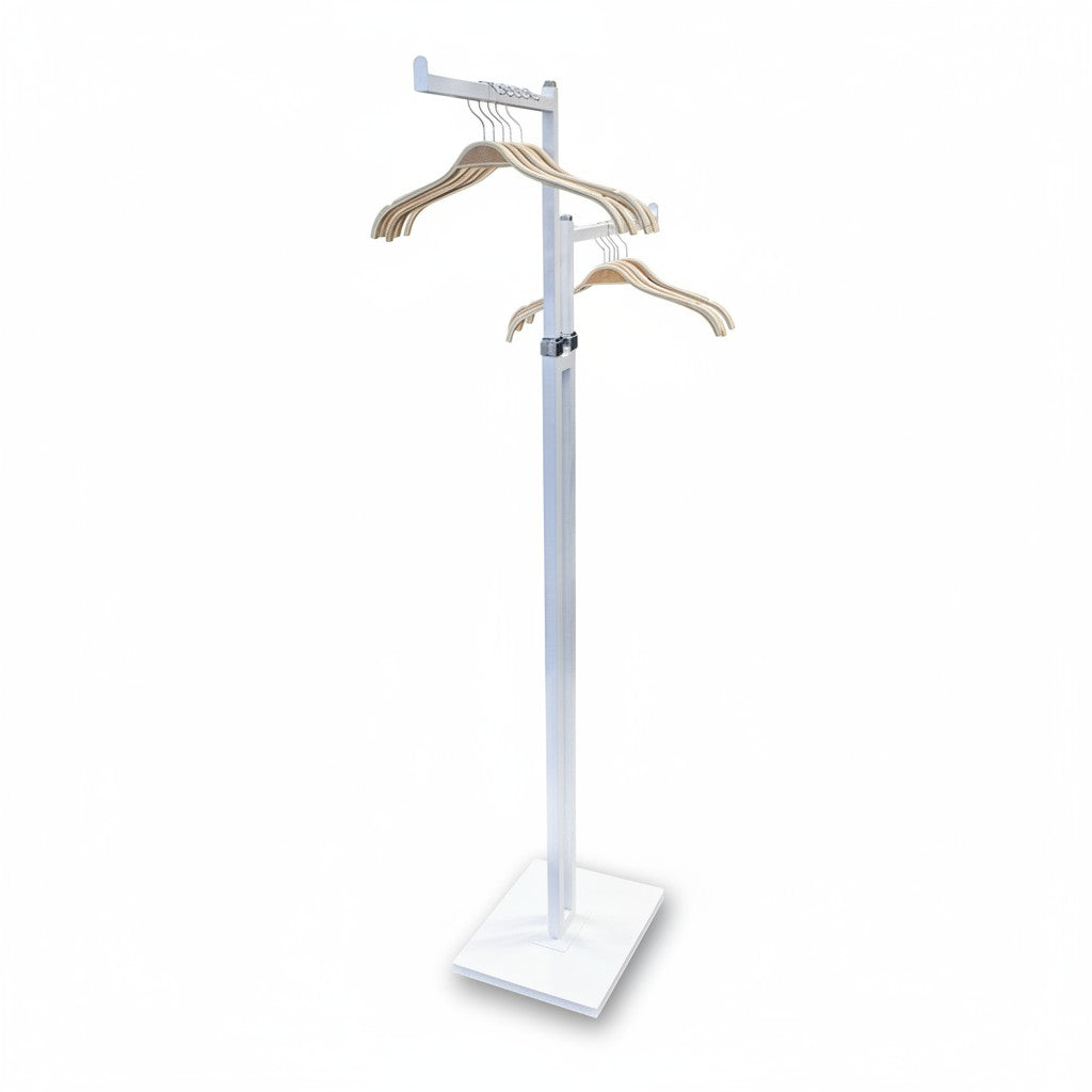 SuperSellerS white height-adjustable floor clothing rack with two straight arms and wooden hangers on a white base