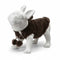 SuperSellerS matte white French bulldog mannequin wearing a brown faux fur vest with pom-poms for retail display