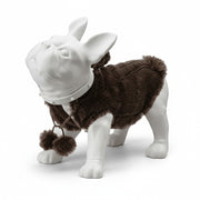 SuperSellerS matte white French bulldog mannequin wearing a brown faux fur vest with pom-poms for retail display