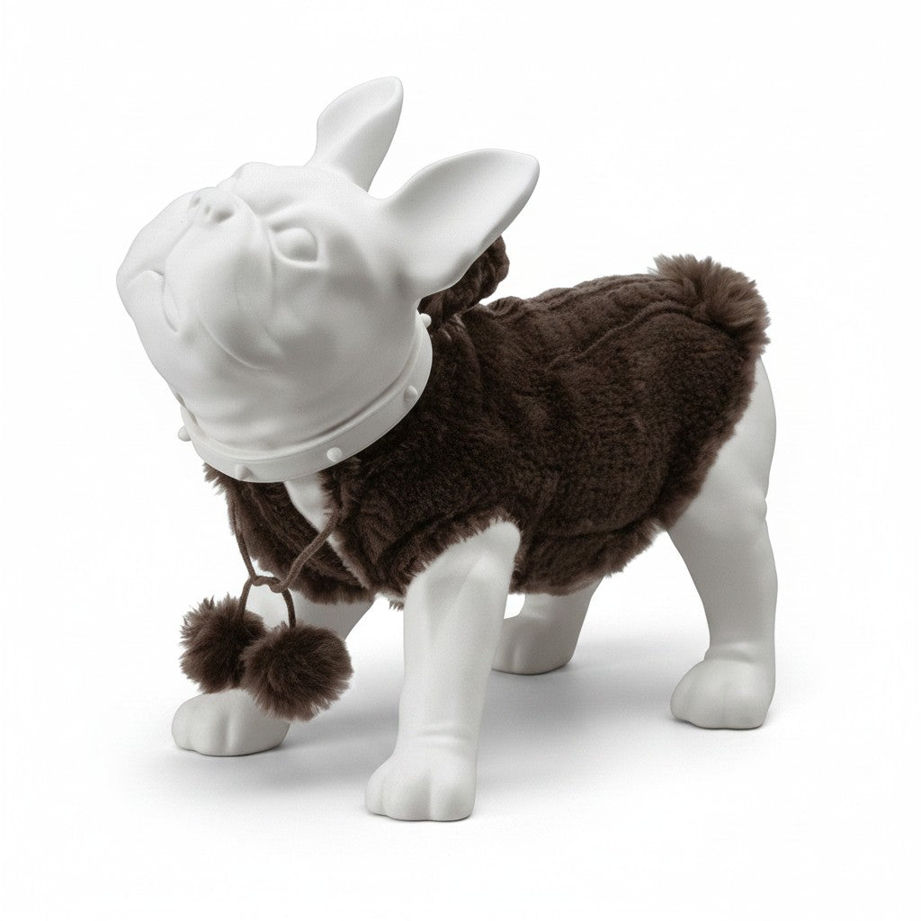 SuperSellerS matte white French bulldog mannequin wearing a brown faux fur vest with pom-poms for retail display