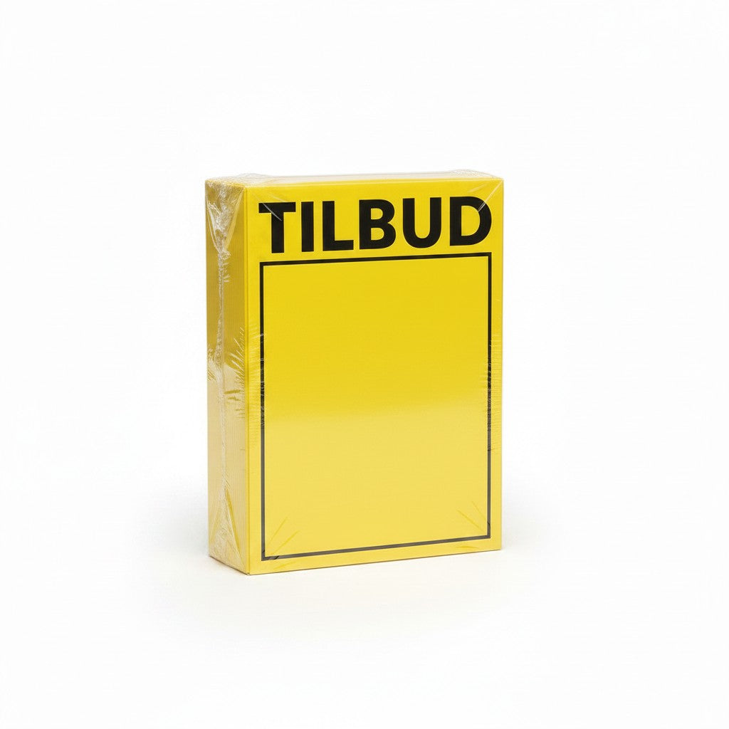 SuperSellerS pack of 25 yellow A3 cardboard sale signs with black Tilbud text for retail store promotions