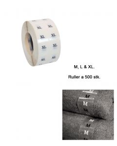 Størrelsesmerkat m/ bokstaver - 500 stk. pr.rl.