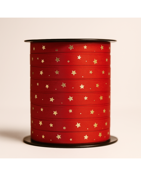 Gavebånd. Rød m/ guldstjerner. 250 meter.