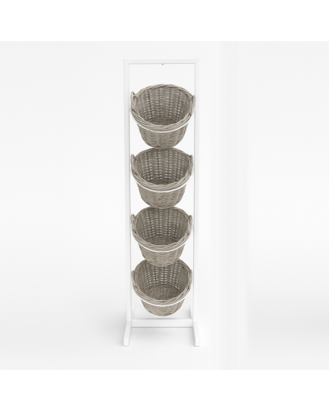 Kurvstativ i hvit med 4 bastkurv (pileflet) B45 x D40,5 x H173 cm.