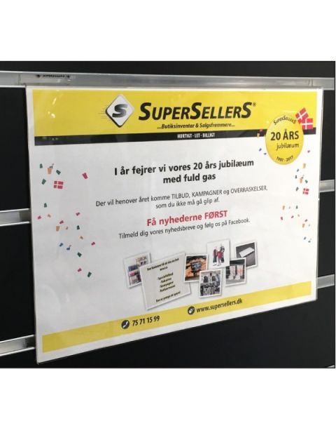 Skiltdisplay A4, klar akryl, t/ rillepanel