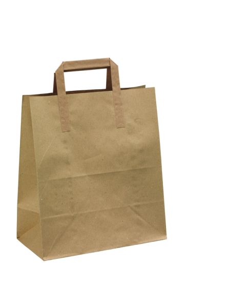 Papirpose. H 30 cm. 100 stk. Brun med fladt håndtag - Stor