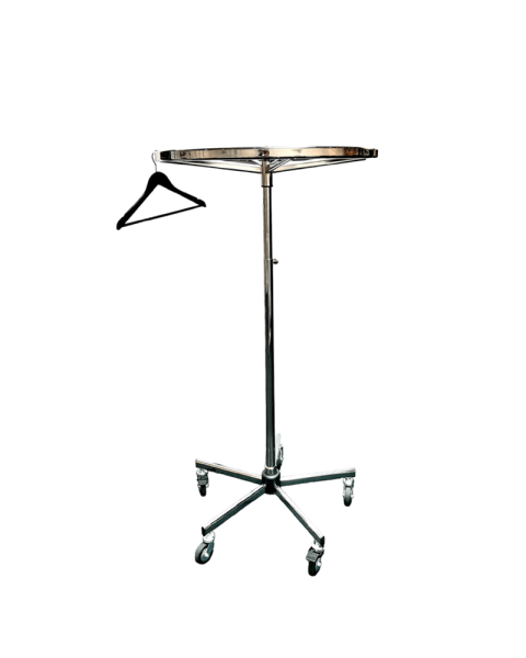Rundt stativ Ø 80, m/gummihjul. Krom. H 130-200 cm.