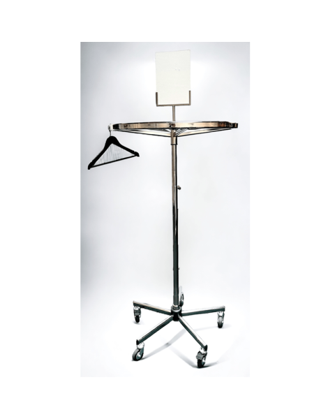 Rundt stativ Ø 80, m/gummihjul. Krom. H 130-200 cm.