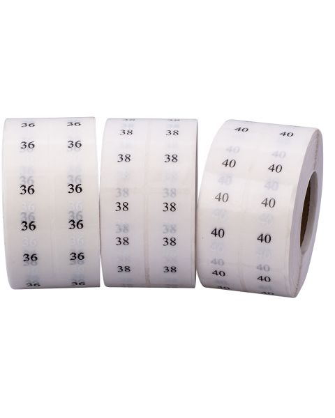 Størrelsesmerkat B 19 x 59 mm, m/ tal  el. bokstaver - 1.000 stk. pr.rl.
