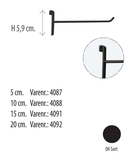 Varekrog Ø 5mm t/ gitter ( H 5,9 cm). Sort. Velg længde på kroge