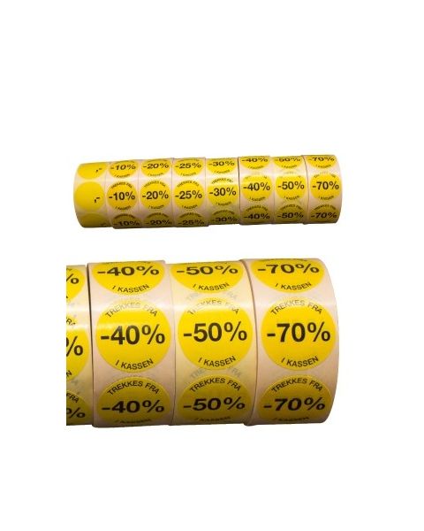 Gule etiketter m/ prosent - 1.000 stk. - Norsk