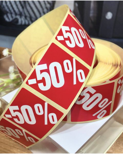 Røde etiketter m/ prosent - 500 stk. -50%