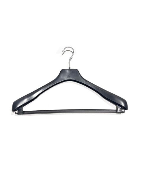 Kraftig jakkehenger, plast, sort, 45 cm, skulder 4,0 cm, med stang pakket med 55 stk. Letveggt