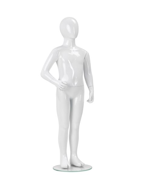 Barnmannekeng, 4 år,med hoved, uden ansikt, hvit high gloss, m/ rund glass fotplate, H114 cm