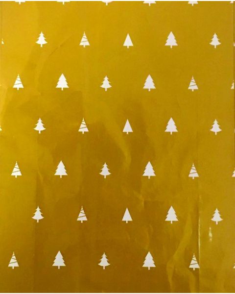 Julepapir B 70 cm. Hvite juletræer på gull baggrund, coated. 50 mtr.