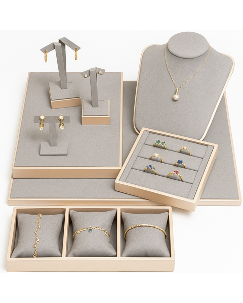 Smykkedisplay i grå. Sett med 7 enheder.