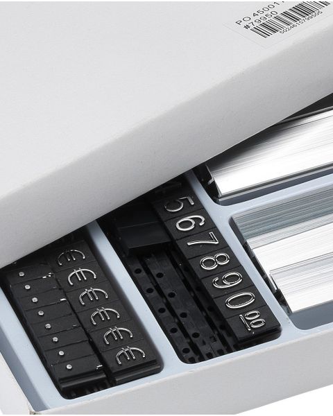 Prismærkesett, 180 stk, sorte med sølv tekst.(0-9, komma, euro) B 8 x H 12 mm, 16 standere