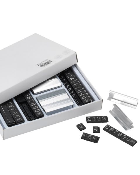 Prismærkesett, 180 stk, sorte med sølv tekst.(0-9, komma, euro) B 8 x H 12 mm, 16 standere