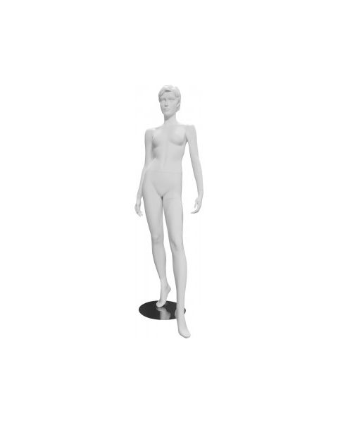 Realistic damemannekeng.  Hvit med hoved, ansikt og skulpterede hår. Rund metalfot. Står - let på tå