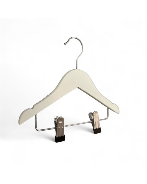 Trehenger, massiv, flat, baby, med gummi og hakk, med klyper, matt hvit, 27 cm