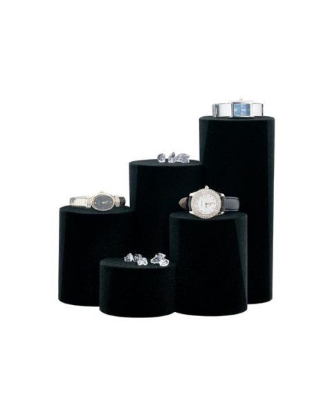 Smykkedisplays. Sett med 5 cylinderformede smykkedisplays i sort flock.