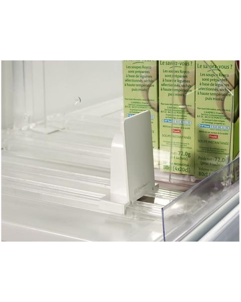 Hylle. Inddeling vareskubber m/fjeder 48,5 cm, 6kg tryk. PLAST