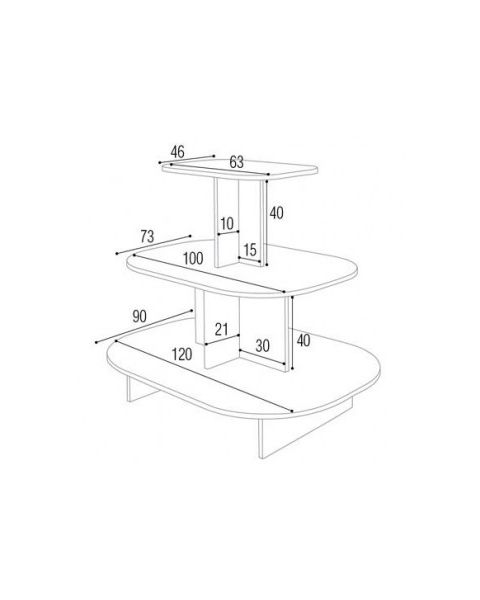 Pyramide oval - 3-lagsbord. Hvit melamin.  L 120 x D 90 x H 106 cm. Afrundet podie 3 niveauer