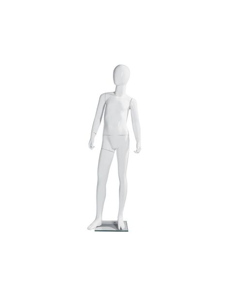 Barnmannekeng, 10 år, med hoved, hvit high gloss, m/glass fotplate, H147 cm
