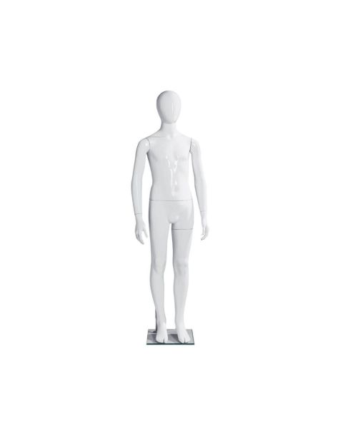 Barnmannekeng, 12 år,med hoved, uden ansikt, hvit high gloss, m/glass fotplate, H154 cm