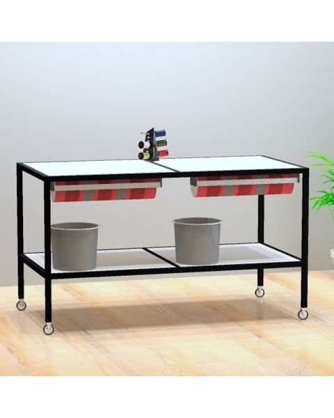 Luton, pakkebord, på hjul med hvid melaminplader, sort stel, 160 x 80 x H80 cm. Med tilbehør