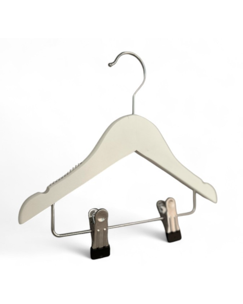 Trehenger, massiv, flat, baby, med gummi og hakk, med klyper, matt hvit, 27 cm