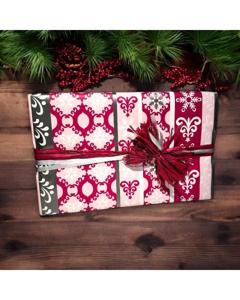 Julepapir B 40 cm. Mønster vinrød, coated. 100 mtr.