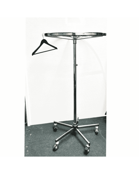 Rundt stativ Ø 80, m/gummihjul. Krom. H 130-200 cm.