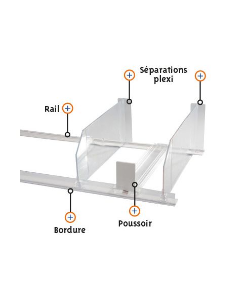 Hylle. Inddeling vareskubber m/fjeder 48,5 cm, 6kg tryk. PLAST