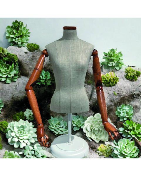 Vintage, damegine, grå/hørfarget, med tre arme, med hoved, rund fot i sort, mellem stang. Bordmodel