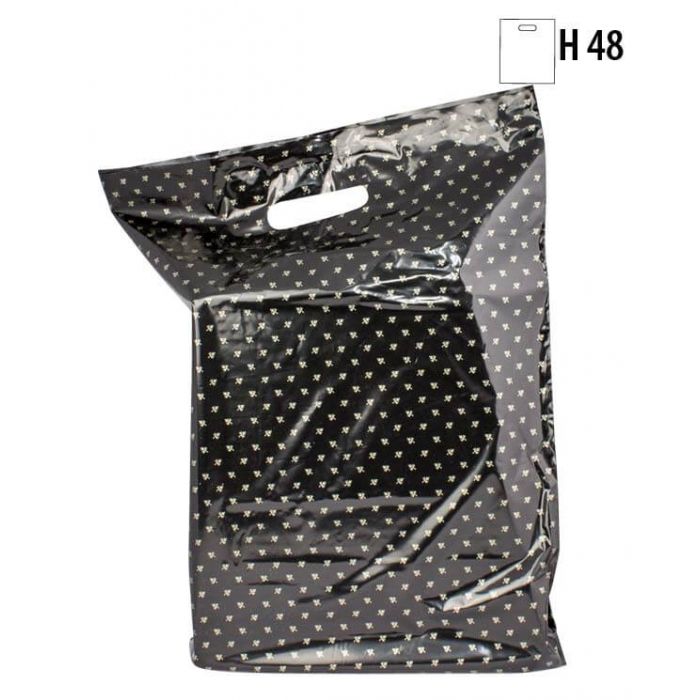 Plastpose, sort m/gullblademønster, 34x4xH48
