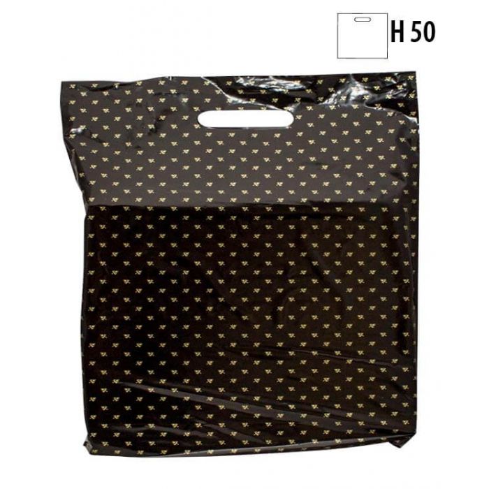 Plastpose, sort m/gullblademønster, 40x5,5xH50