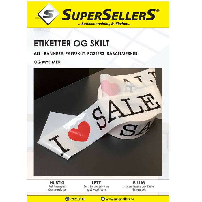 SuperSellerS har både etiketter, strips og etiketter med og uden tekst.
Etiketterne kan fås i forskellige farver og som klistermærker.

Få overblikket i dette katalog.
