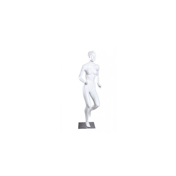 Sport damemannequin, løber - hvid
Hvid glasfiber og mat krom fodplade.

Højde 172 cm

med hoved og skulptureret hår