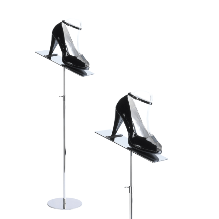Skrå skodisplay, krom. Høydejusterbar H 50-85 cm.