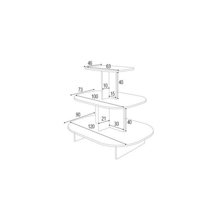 Pyramide oval - 3-lagsbord. Hvit melamin.  L 120 x D 90 x H 106 cm. Afrundet podie 3 niveauer