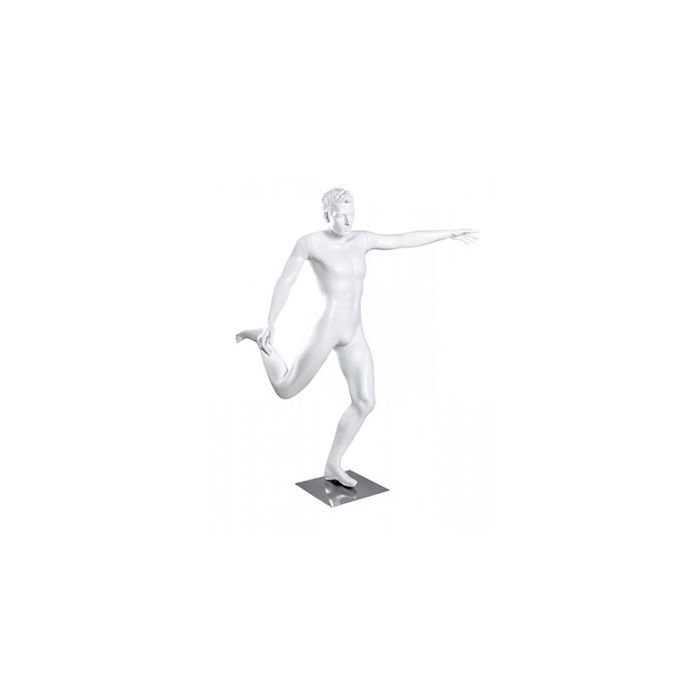 Sport herremannequin, fodboldspiller - hvid
Hvid glasfiber og mat krom fodplade.

Højde 185 cm

Skulder 52 cm

Bryst: 96 cm

Talje: 79 cm

Hofte: 96 cm

med hoved og skulptureret hår