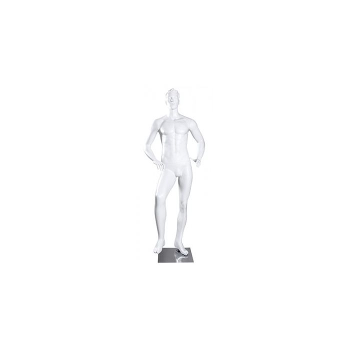 Sport herremannequin, fodboldspiller - hvid
Hvid glasfiber og mat krom fodplade.

Højde: 192 cm

Skulder: 52 cm

Bryst: 104 cm

Talje: 81 cm

Hofte: 102 cm

med hoved og skulptureret hår