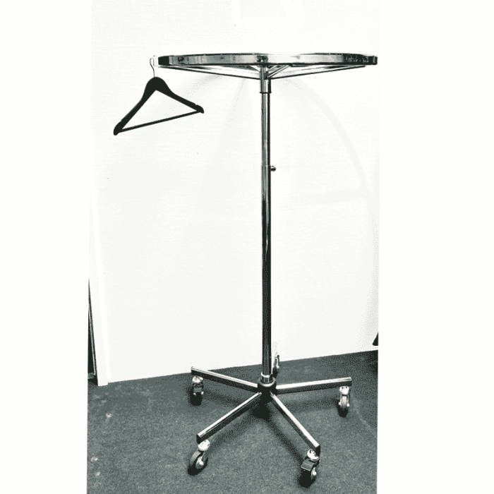 Rundt stativ Ø 80, m/gummihjul. Krom. H 130-200 cm.