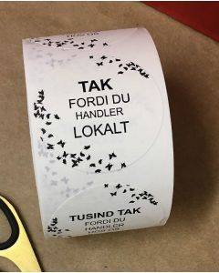 Rund etikett, handler lokalt TAK. 500 pr. rull