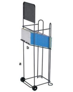 Katalogstander til A4 blade. Sort metal med hjul og skilt. 25 x H 90 cm