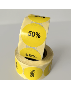 Gul rabatklistermerke 50%. 500 stk. pr. rulle.